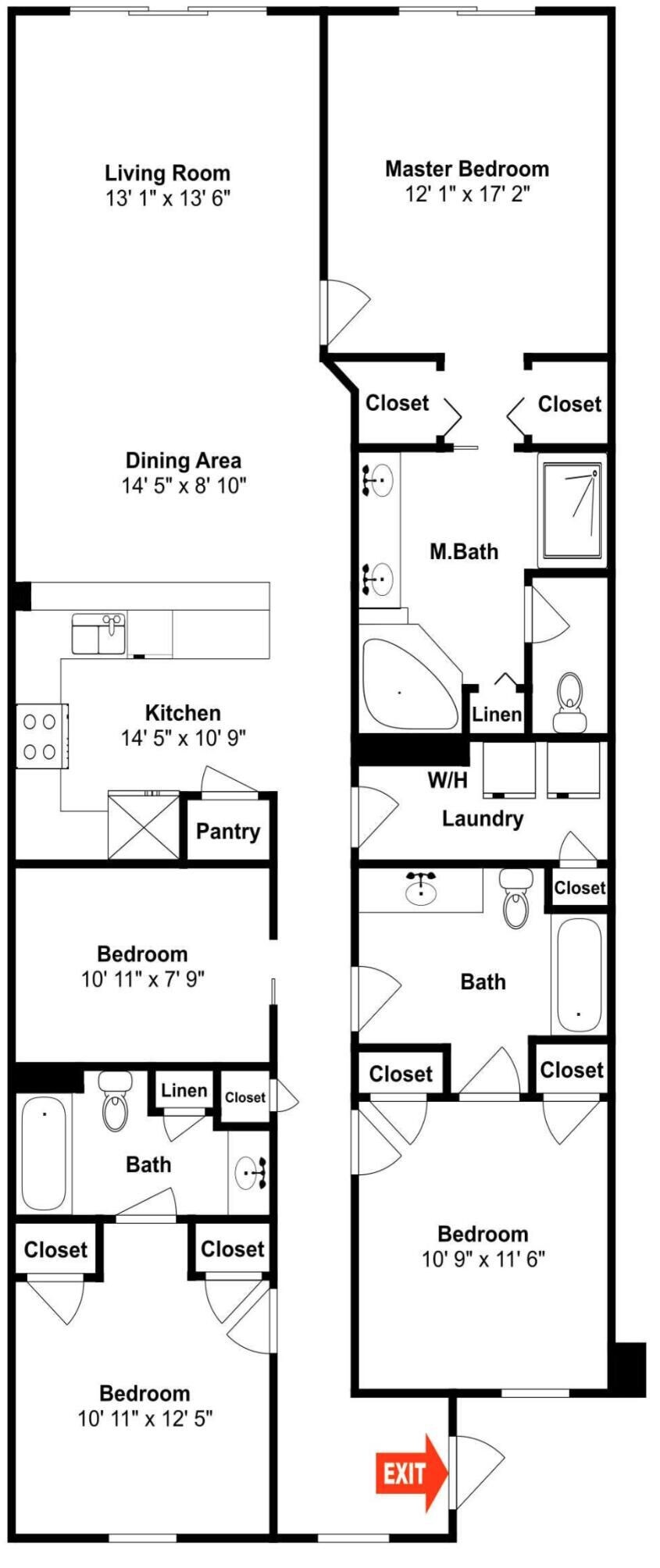A floor plan of a hotel room with a living room, master bedroom, dining area, kitchen, and two bathrooms.