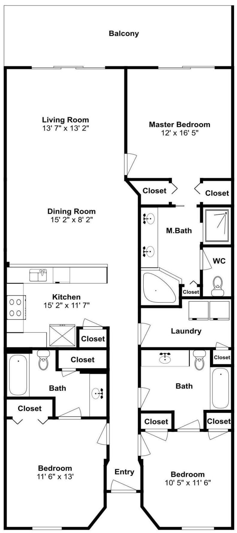A floor plan of a hotel room with a balcony, living room, master bedroom, dining room, kitchen, two bathrooms, two closets, and an entryway.