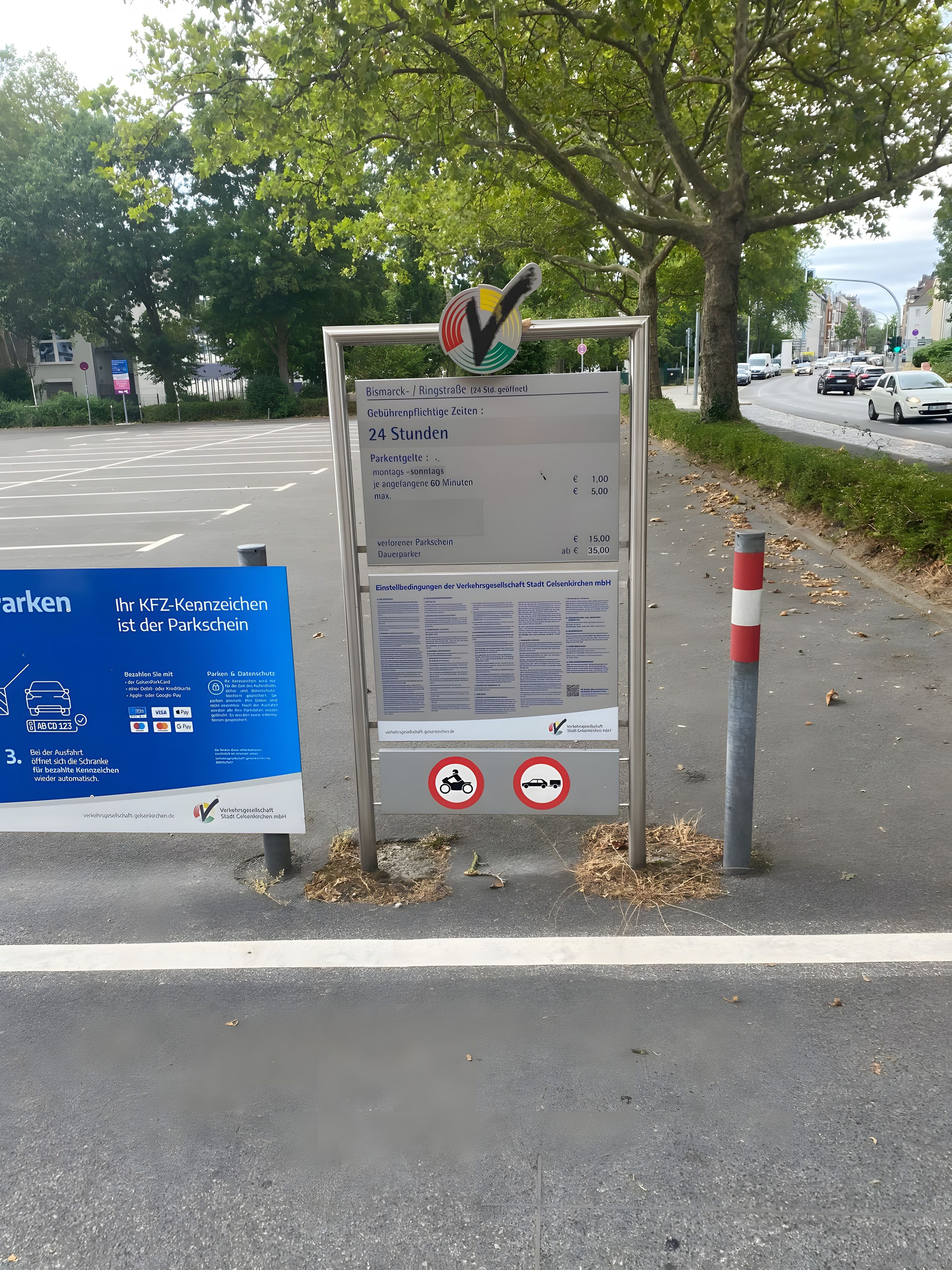A parking sign with information on parking fees and restrictions.