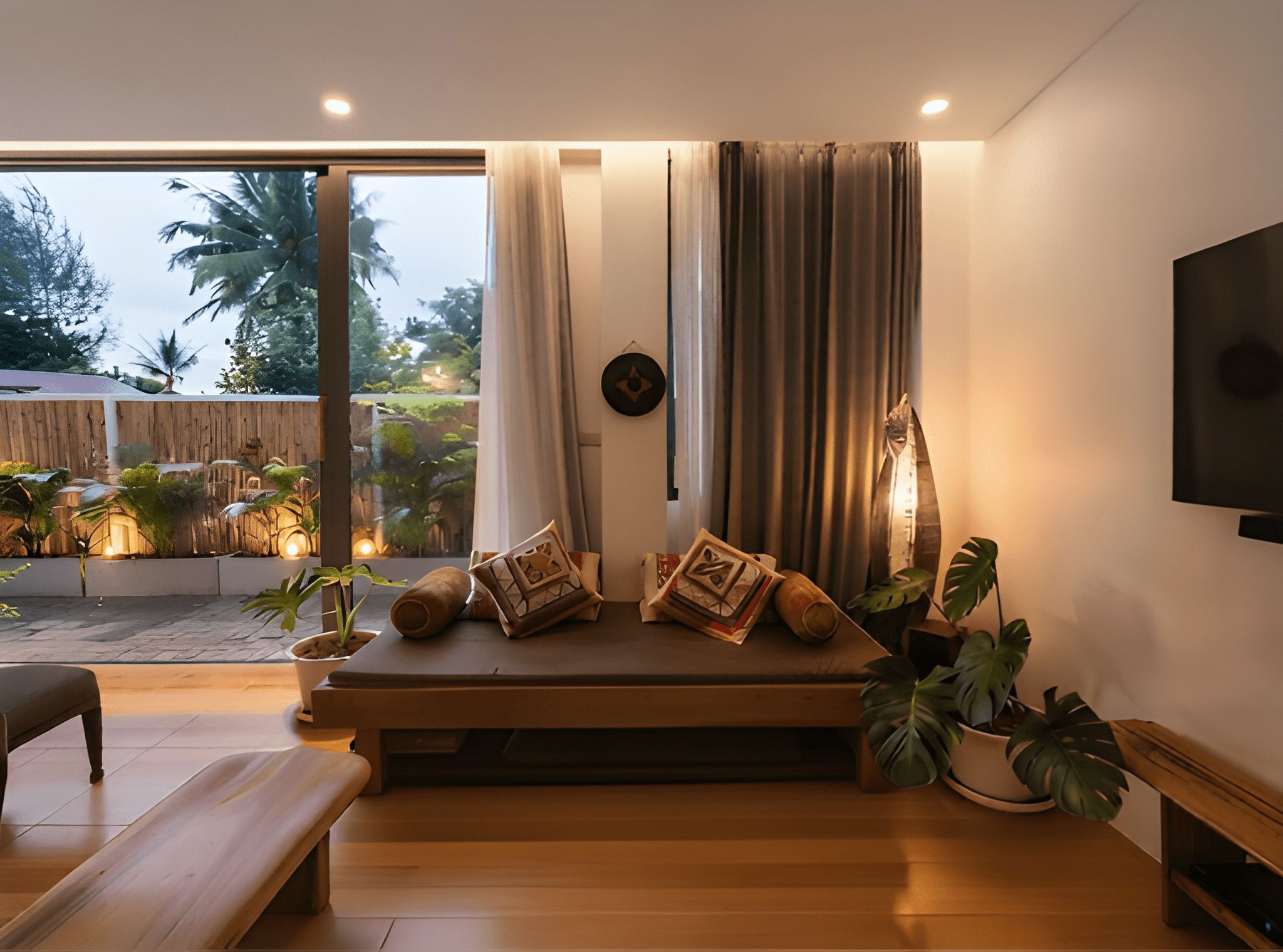 Un salon moderne avec un ensemble de canapés, un téléviseur à écran plat fixé au mur et une vue sur l’extérieur.