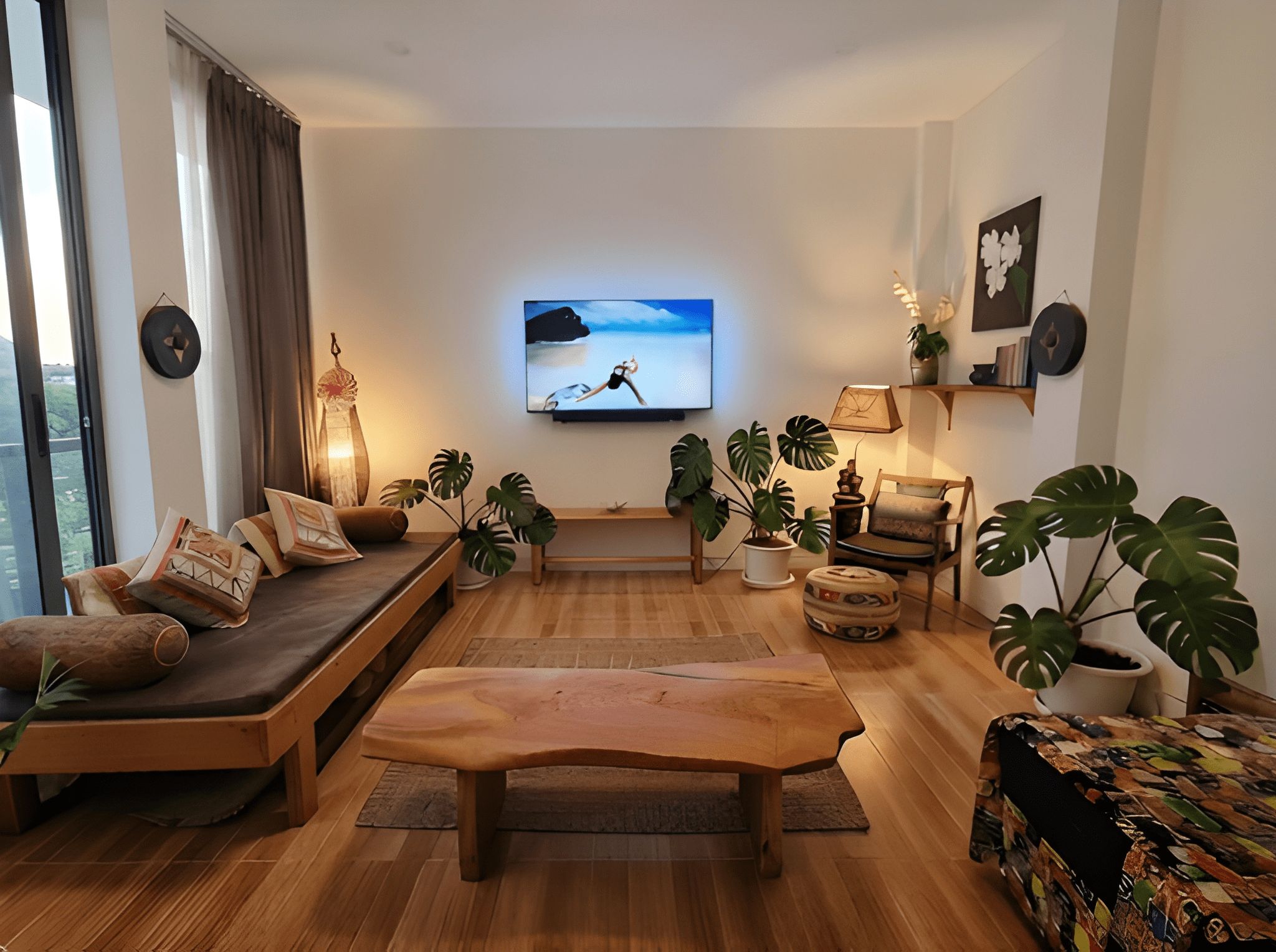 Een moderne woonkamer met een bank, salontafel en potplanten.
