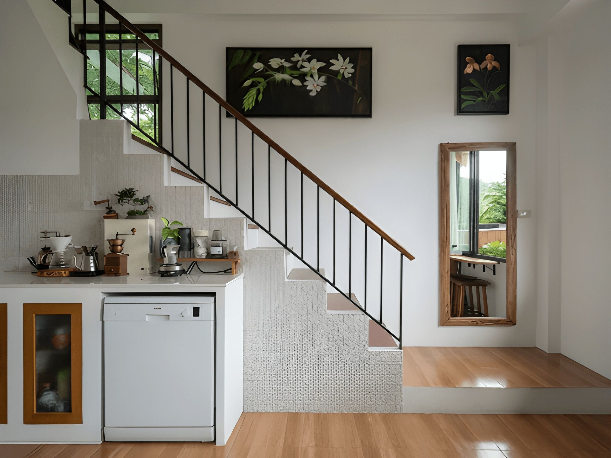A modern kitchen with a built-in dishwasher, a wooden staircase, and a dining area with a view of greenery.