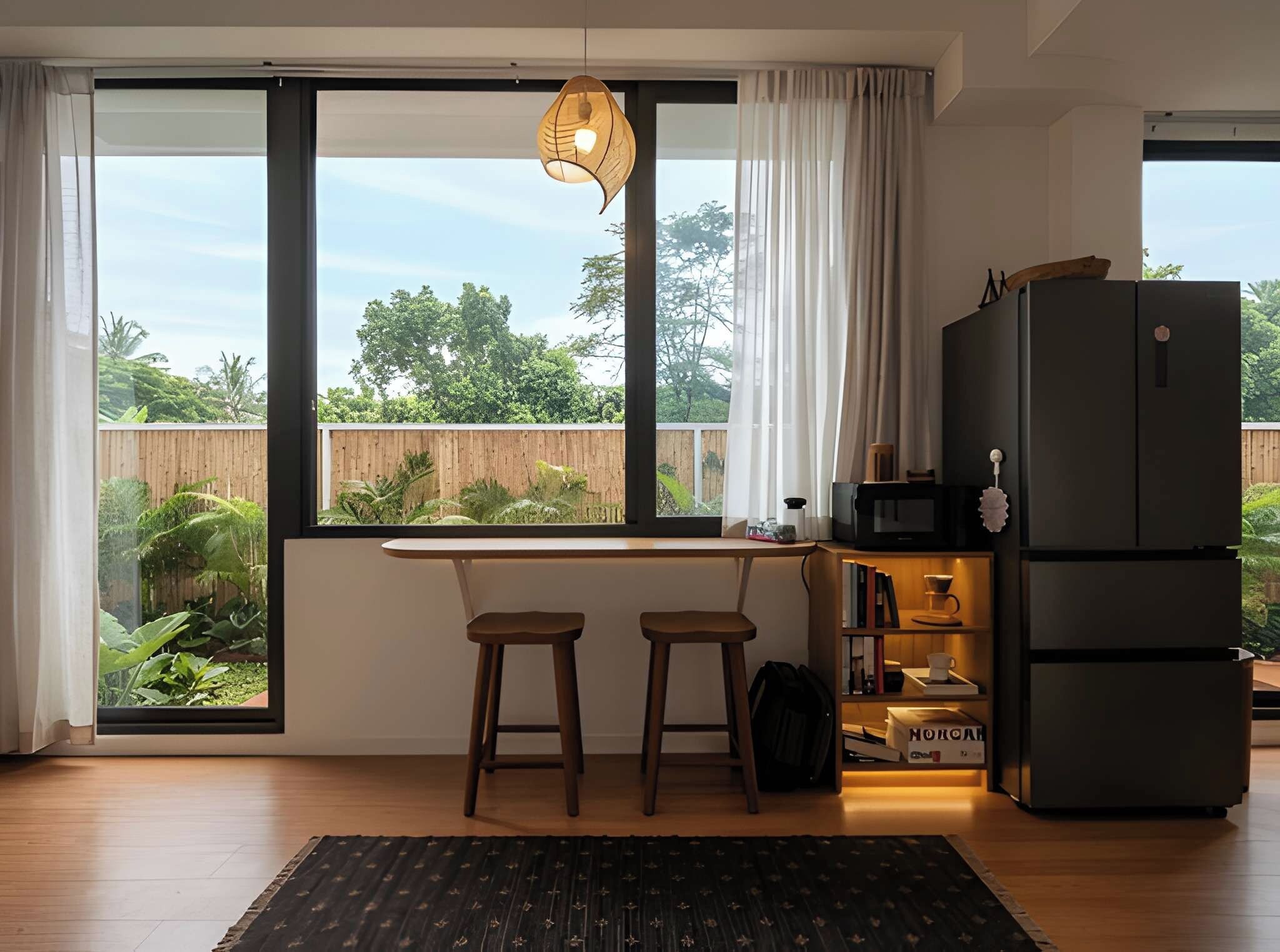 A modern kitchen with a large window, wooden stools, a black refrigerator, and a hanging light fixture.