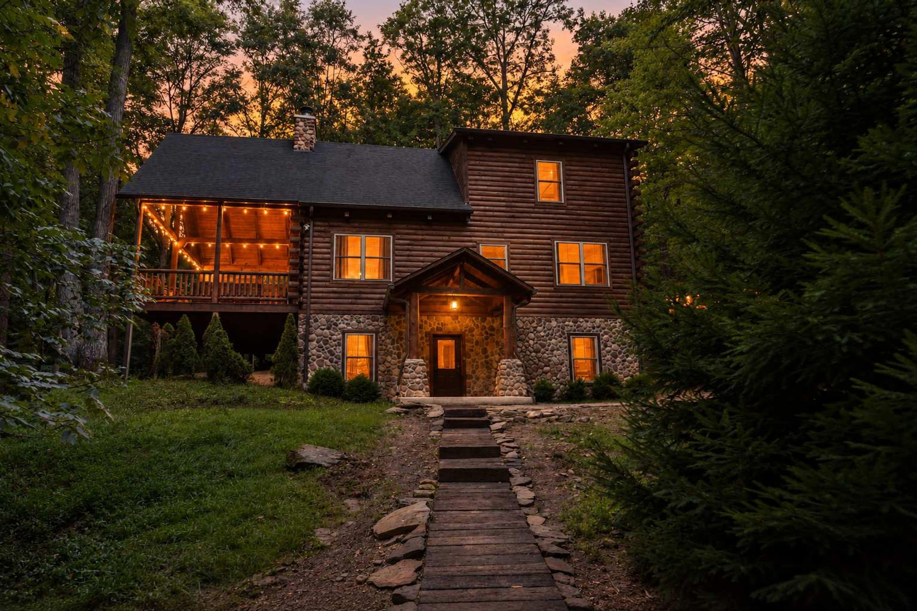 A two-story log cabin with a stone foundation, a porch with string lights, and a stone pathway leading to the entrance.