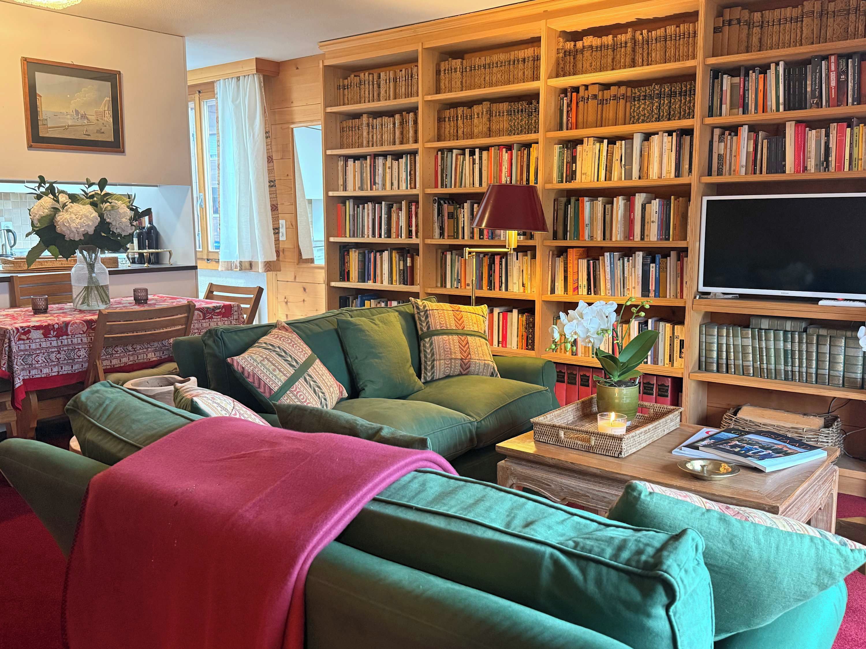 Uma sala de estar aconchegante com um sofá verde, uma estante cheia de livros, uma televisão e um espaço de jantar com mesa e cadeiras.