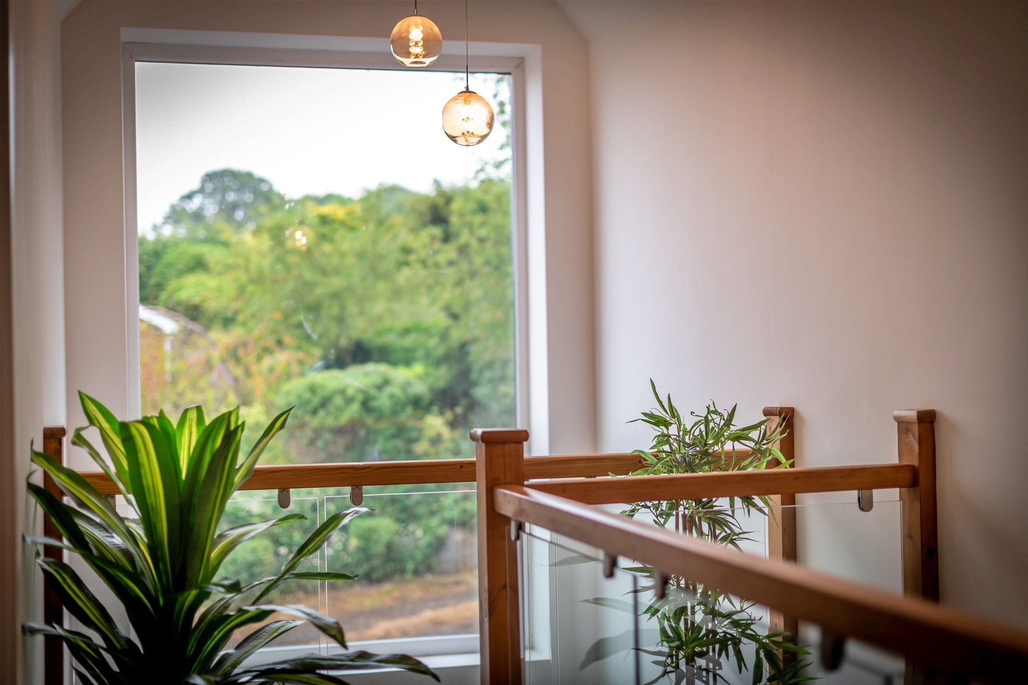 Une vue depuis un balcon doté d’une balustrade en bois, d’un luminaire suspendu et de plantes en pot.