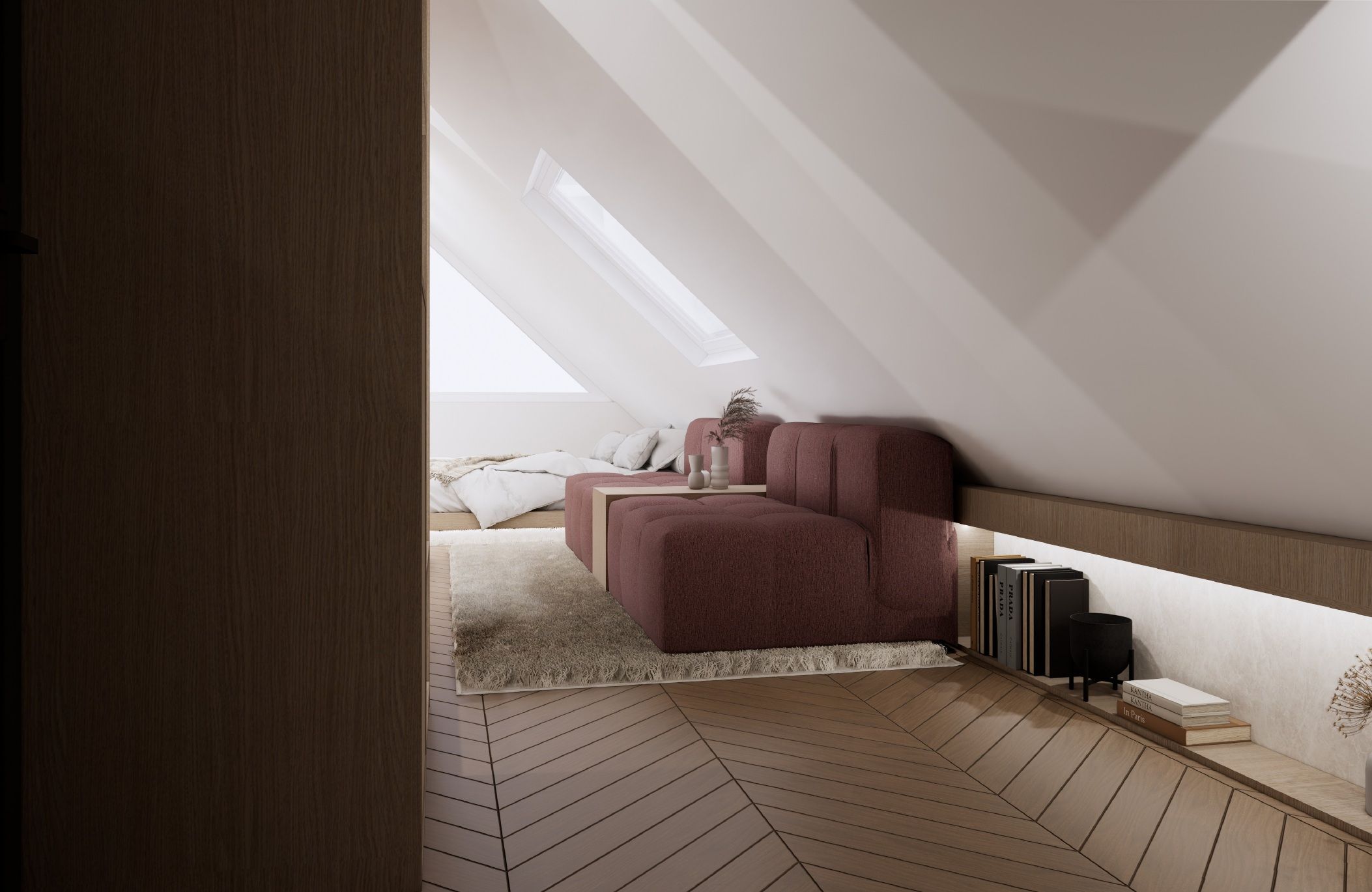 Ein modernes Schlafzimmer im Loft-Stil mit schrägem Dach, großem Fenster, einem roten Sofa, einem weißen Teppich und einem Bücherregal mit Büchern.