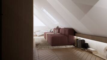 Ein modernes Schlafzimmer im Loft-Stil mit schrägem Dach, großem Fenster, einem roten Sofa, einem weißen Teppich und einem Bücherregal mit Büchern.
