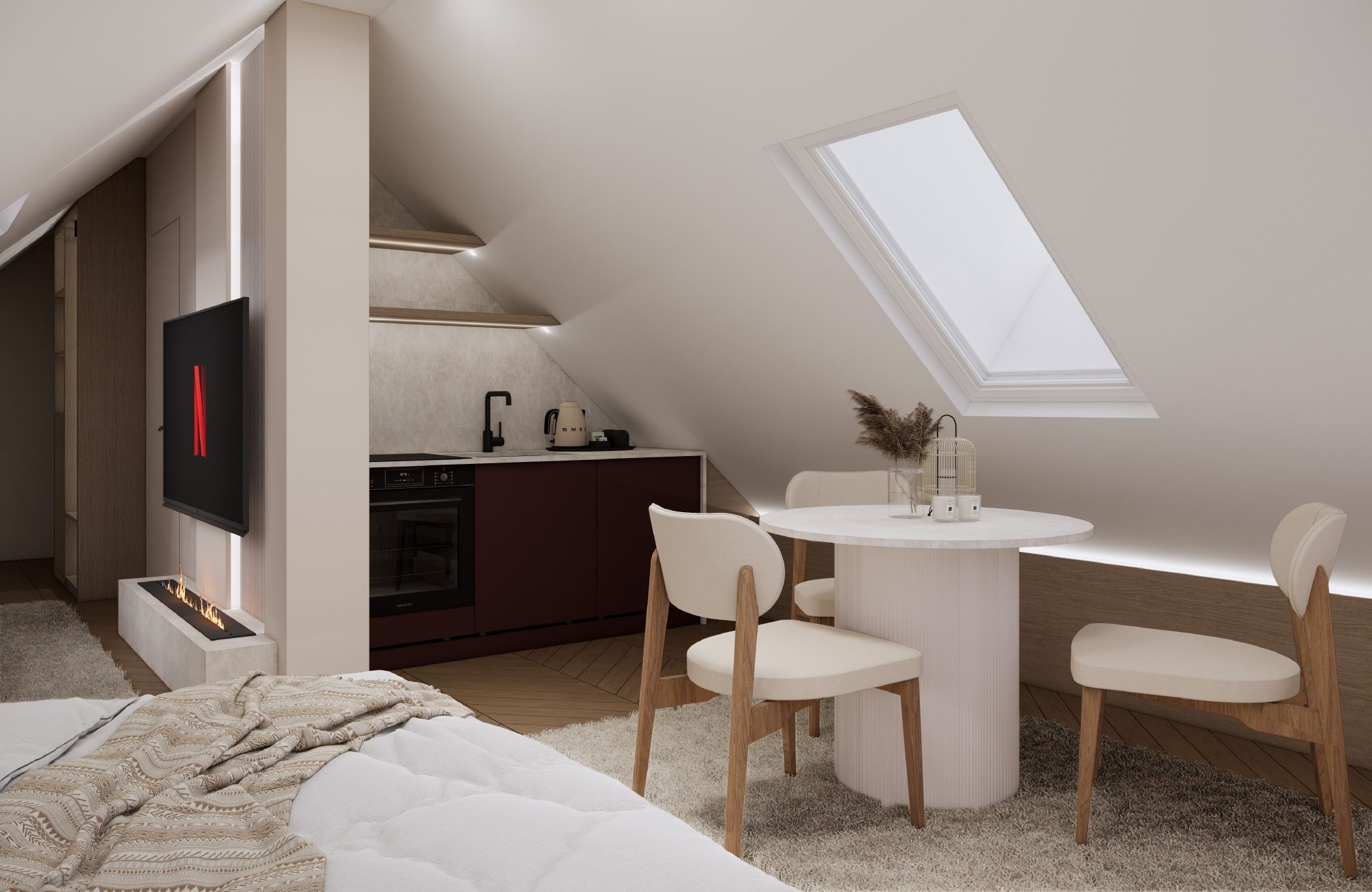 Ein modernes Schlafzimmer im Loft-Stil mit integrierter Küche, Kamin und Dachfenster.