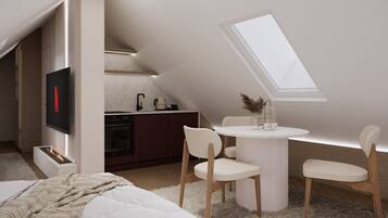 Ein modernes Schlafzimmer im Loft-Stil mit integrierter Küche, Kamin und Dachfenster.