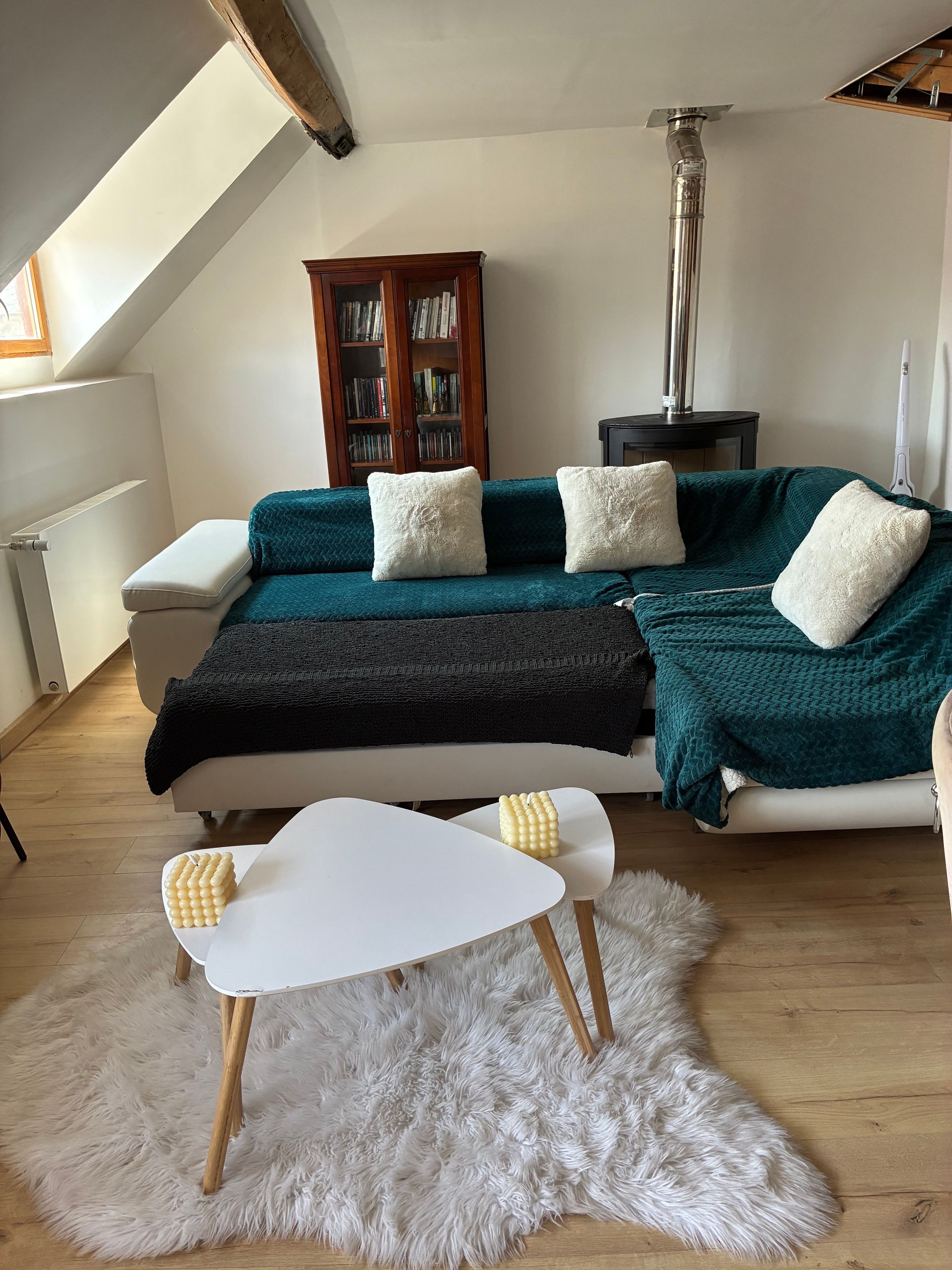 Een gezellige woonkamer met een bank, een salontafel, een zacht tapijt, een boekenkast en een open haard.