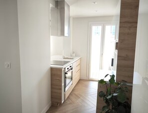A modern kitchen with a built-in oven, a sink, and a countertop. - Apartment Suite in Cagnes-sur-Mer (Cagnes-sur-Mer)