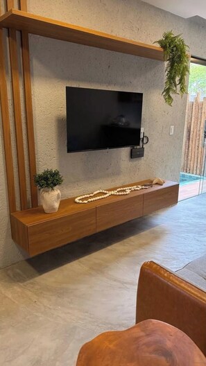 Un salon moderne avec un téléviseur à écran plat fixé sur une console en bois, une plante en pot et une guirlande décorative de perles.