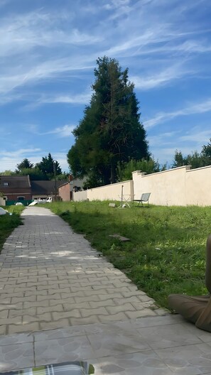 Asfaltoitu polku johtaa rakennukseen, jonka taustalla on suuri puu.