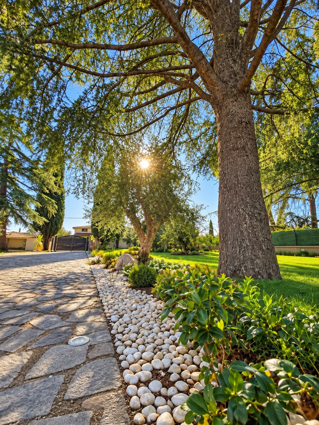 A pathway lined with evenly spaced stones leading to a gated entrance, surrounded by lush greenery and trees.