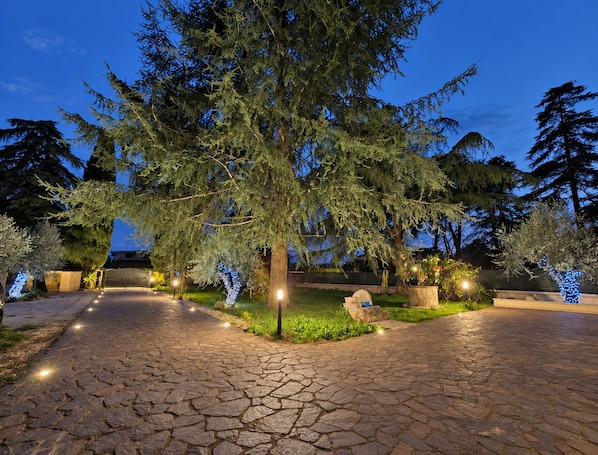 Un chemin pavé menant à l’entrée d’un bâtiment, bordé d’arbres et éclairé par des luminaires au sol.