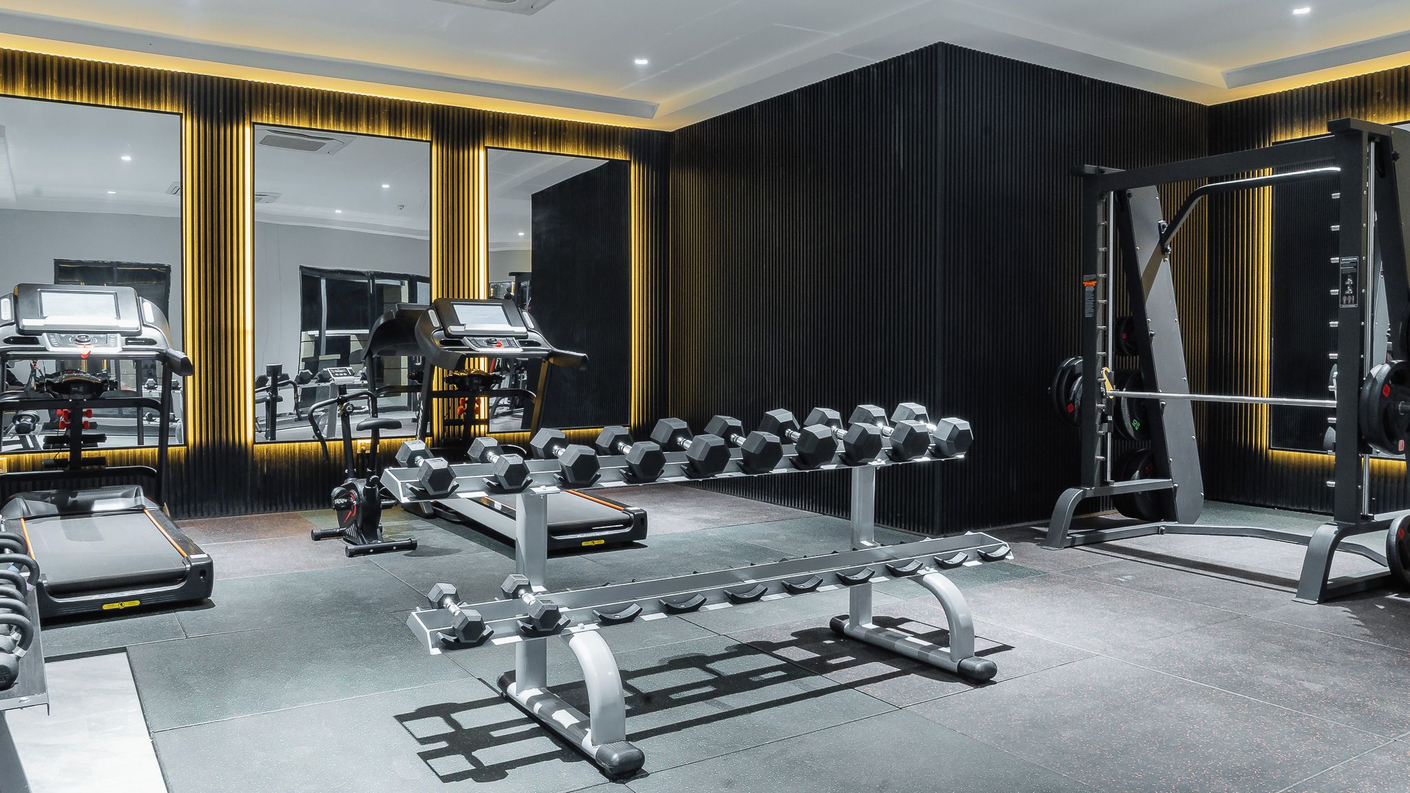 A modern gym with various exercise equipment, including dumbbells, a bench press, and a squat rack.