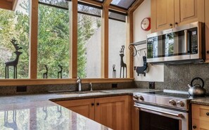 A kitchen with a large window, stainless steel appliances, and wooden cabinets. - New Listing! Ski-In Ski-Out Penthouse | Sauna | Hot Tub | Pool (Vail)