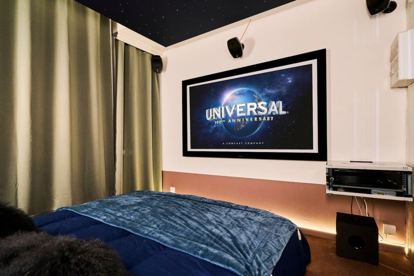 Ein Hotelzimmer mit großem Flachbildfernseher an der Wand, einem Bett mit blauer Bettdecke, einem Deckenprojektor und einer weißen Klimaanlage.