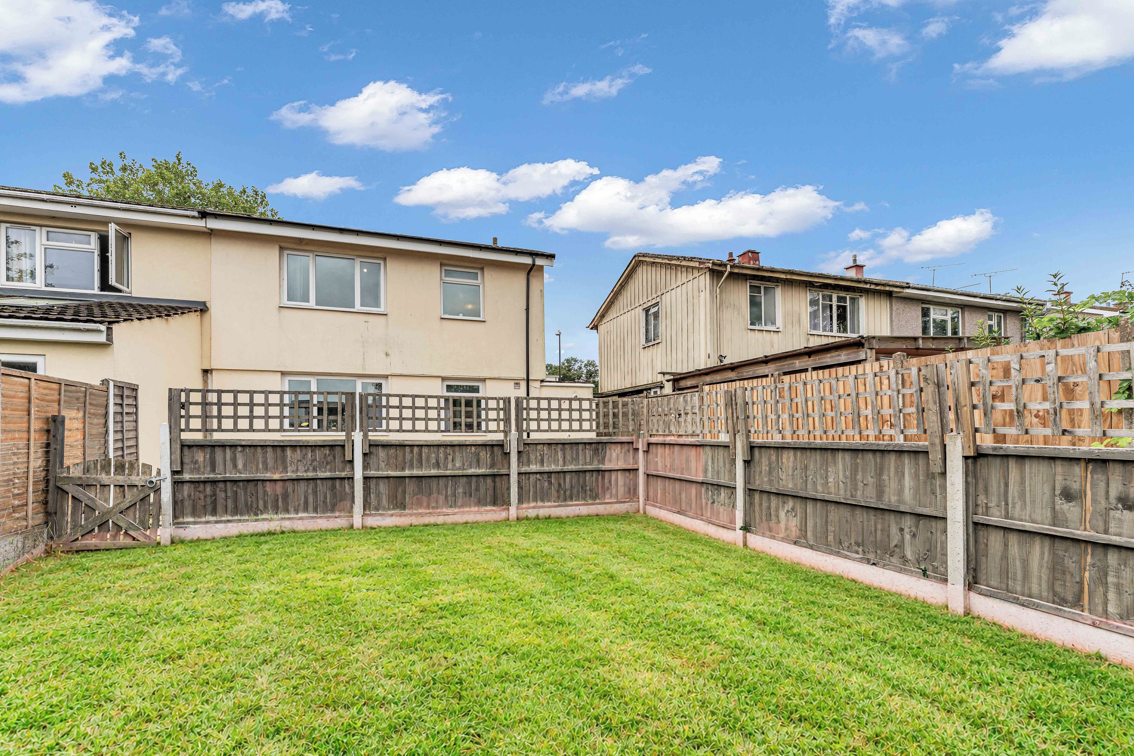 A residential backyard with a grassy lawn, a wooden fence, and two houses with visible windows and doors.