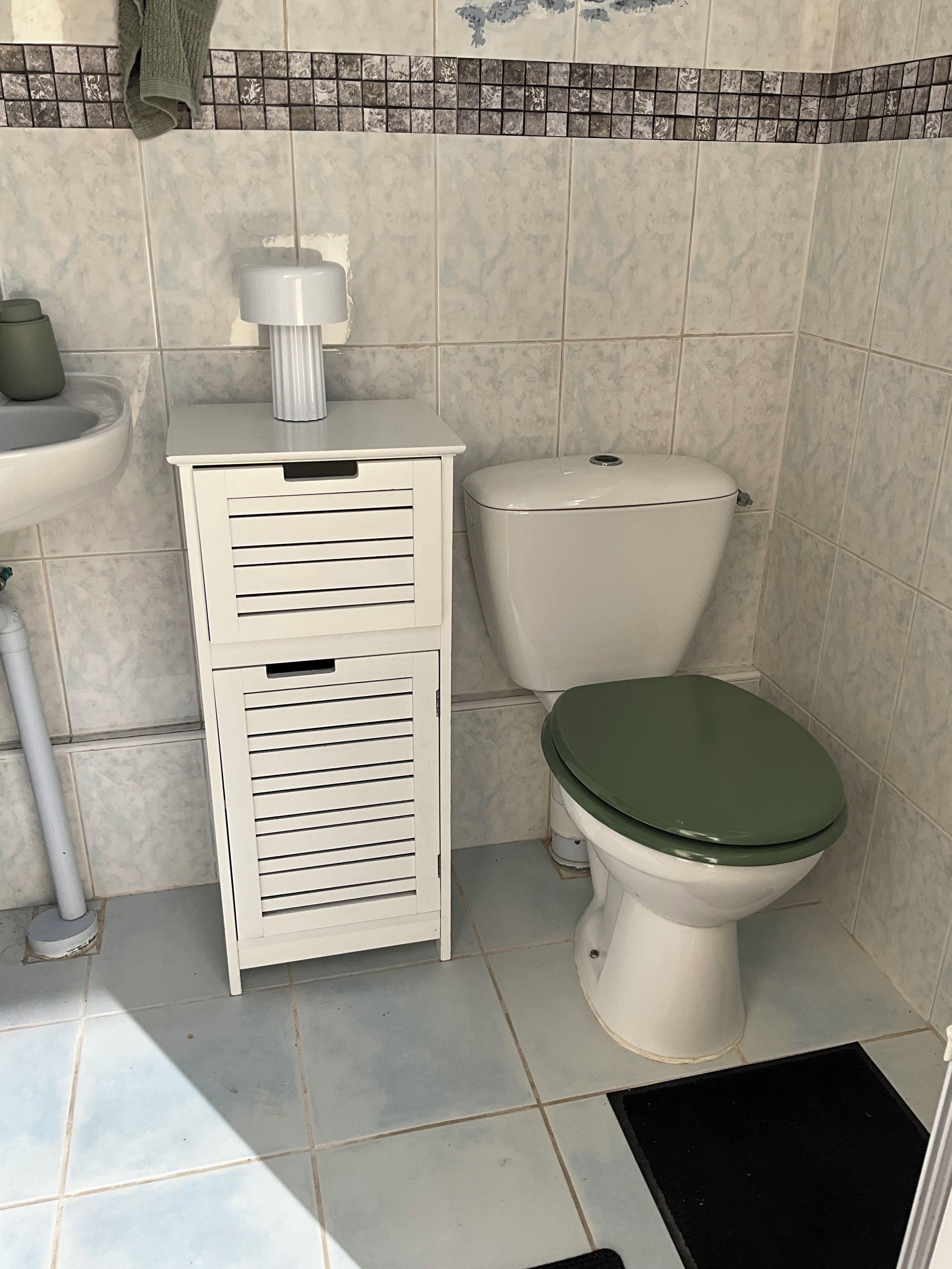 A bathroom with a toilet, a sink, and a cabinet.
