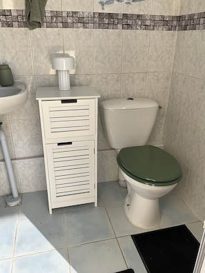 A bathroom with a toilet, a sink, and a cabinet.