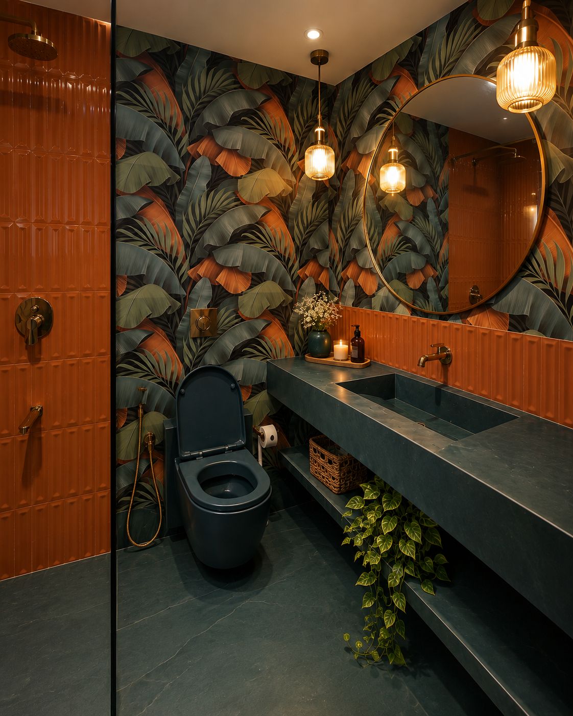 A bathroom with a toilet, a sink, a mirror, and a shower.