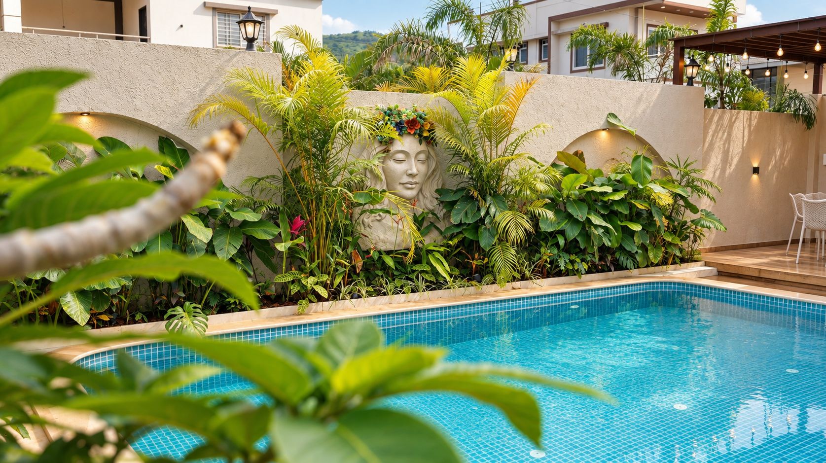 A swimming pool with a stone face sculpture surrounded by lush greenery.