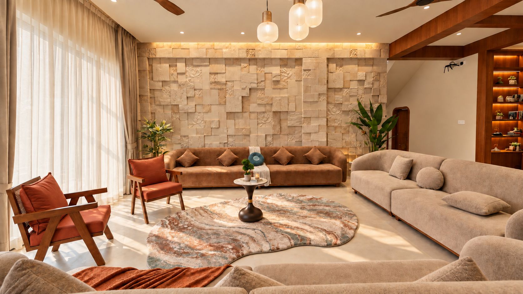 A modern living room with a stone accent wall, a round coffee table, and a variety of seating options.