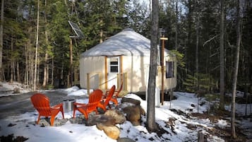 En lille hytte med en dør og et vindue, omgivet af skov. To orange stole og et lille bord står udenfor.