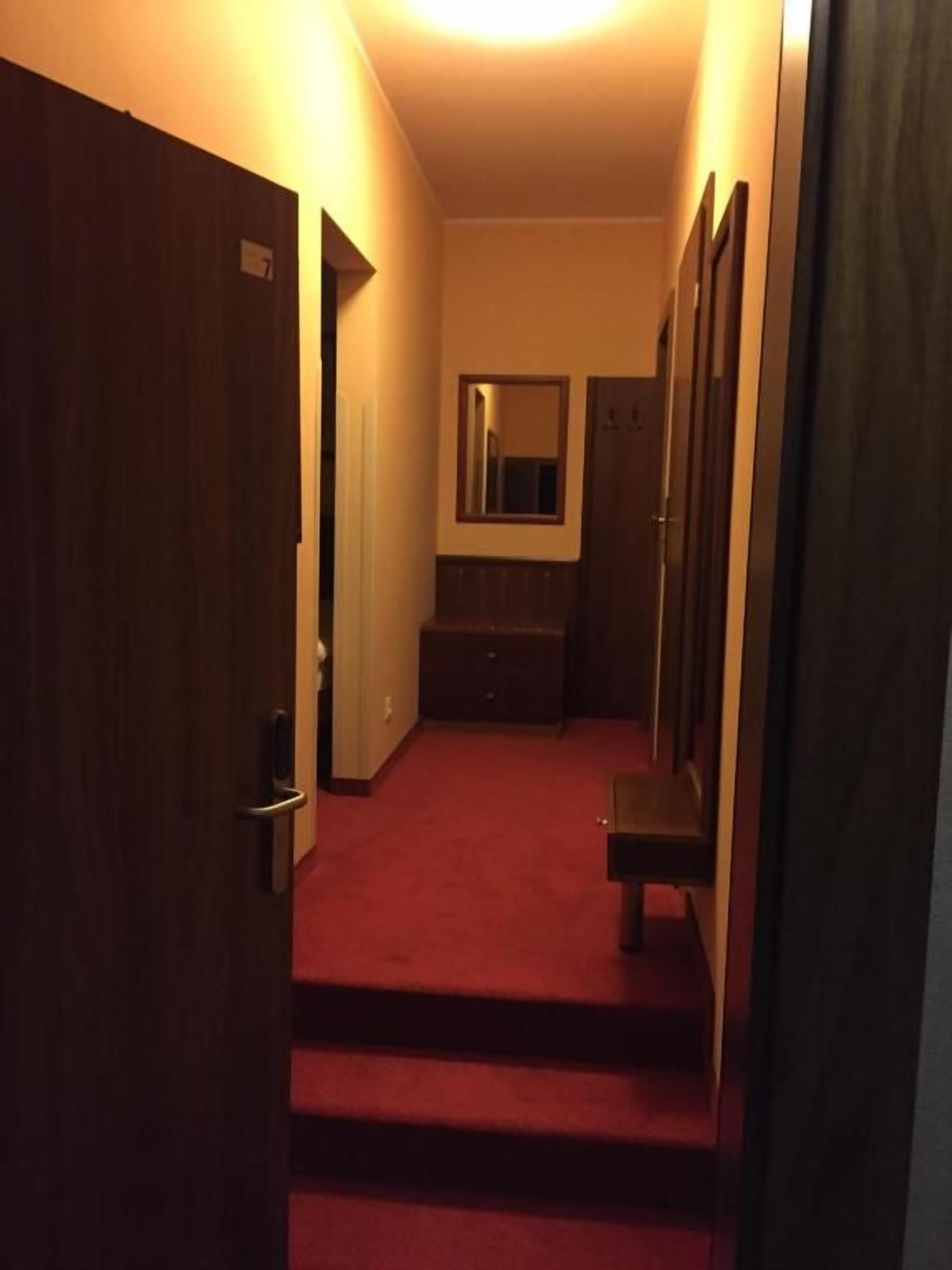 Un estrecho pasillo con piso alfombrado que conduce a una habitación con un espejo y una cómoda.