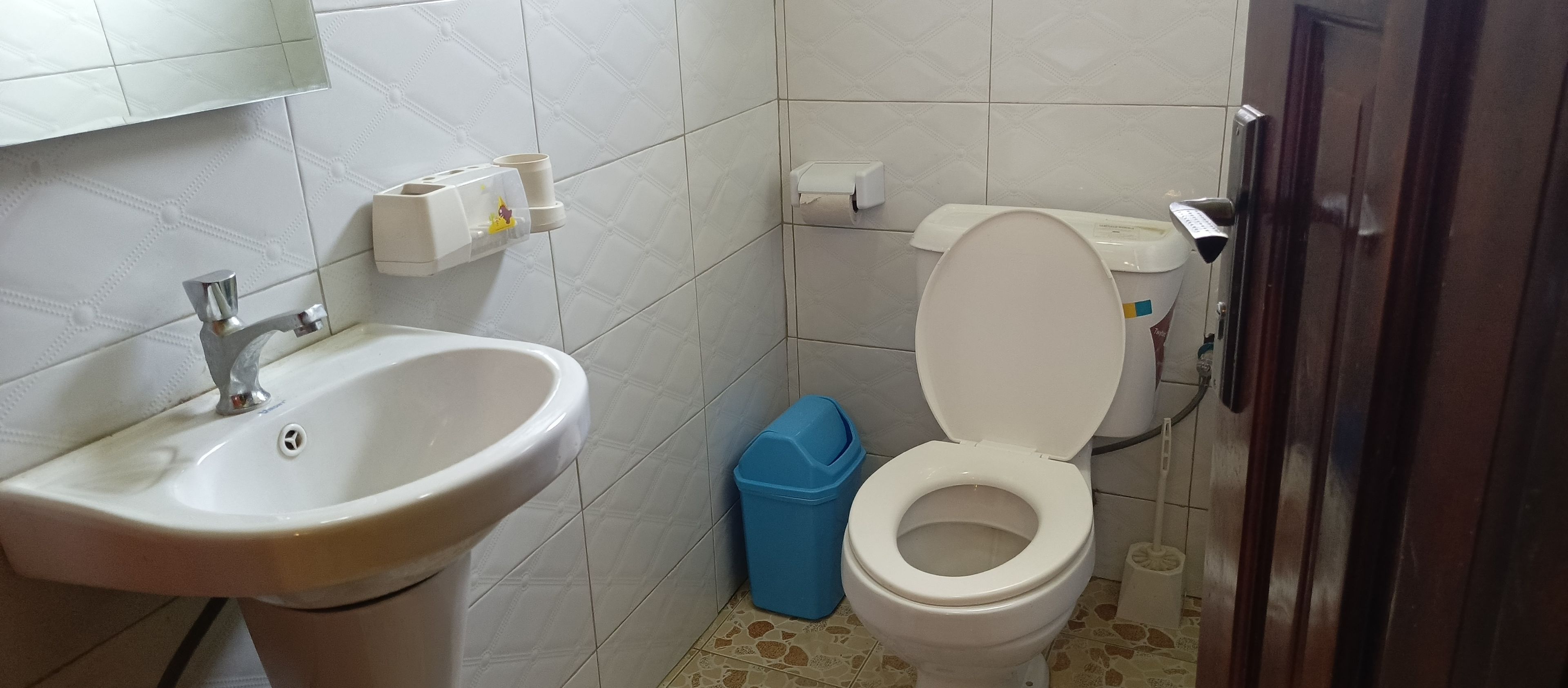A bathroom with a sink, toilet, and trash bin.