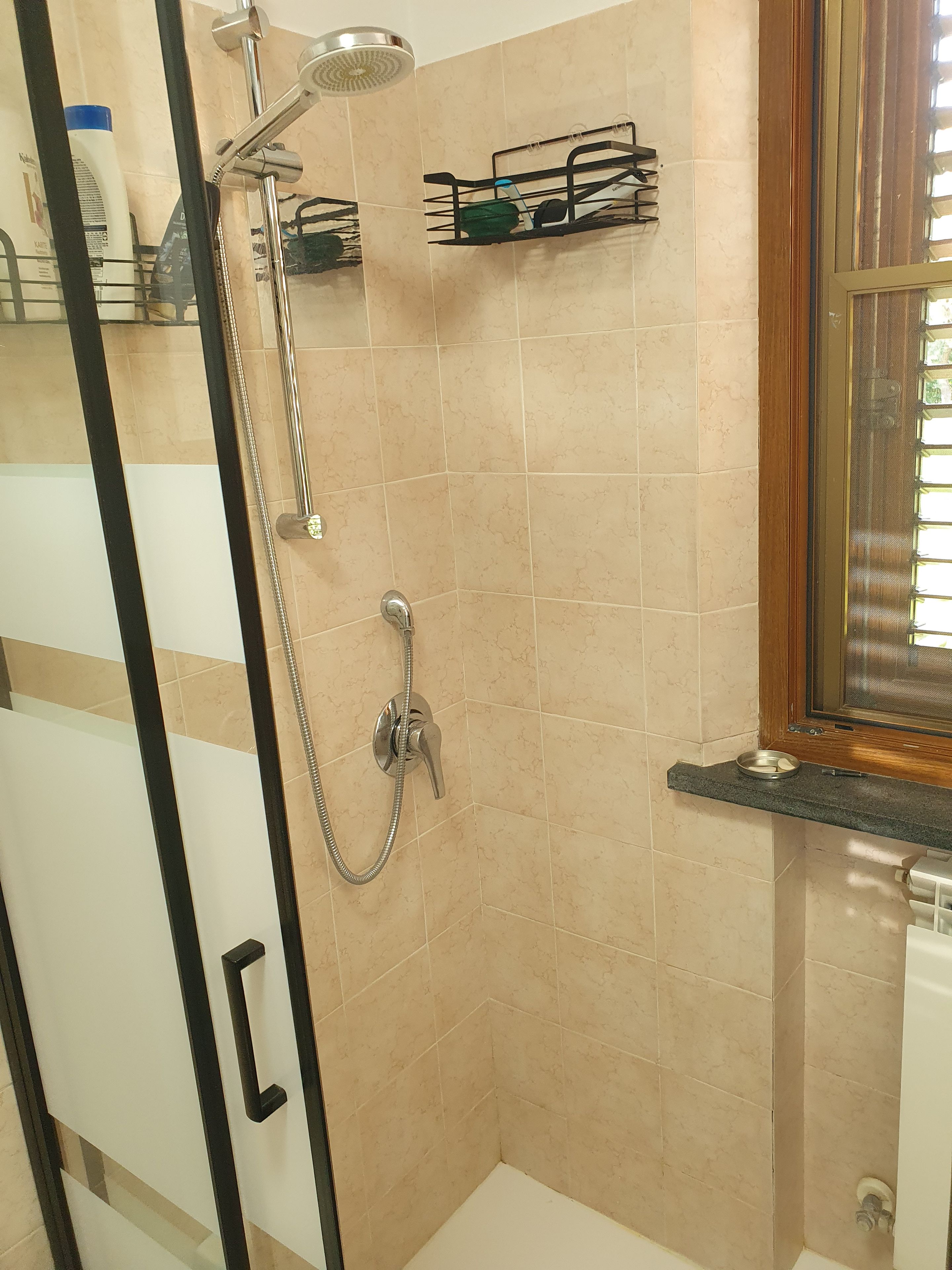 Eine Dusche mit Duschbrause, Wandarmatur und Ablage für Toilettenartikel.