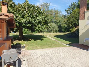 Een terras met een barbecue, een geplaveid pad en een grote boom die schaduw biedt.