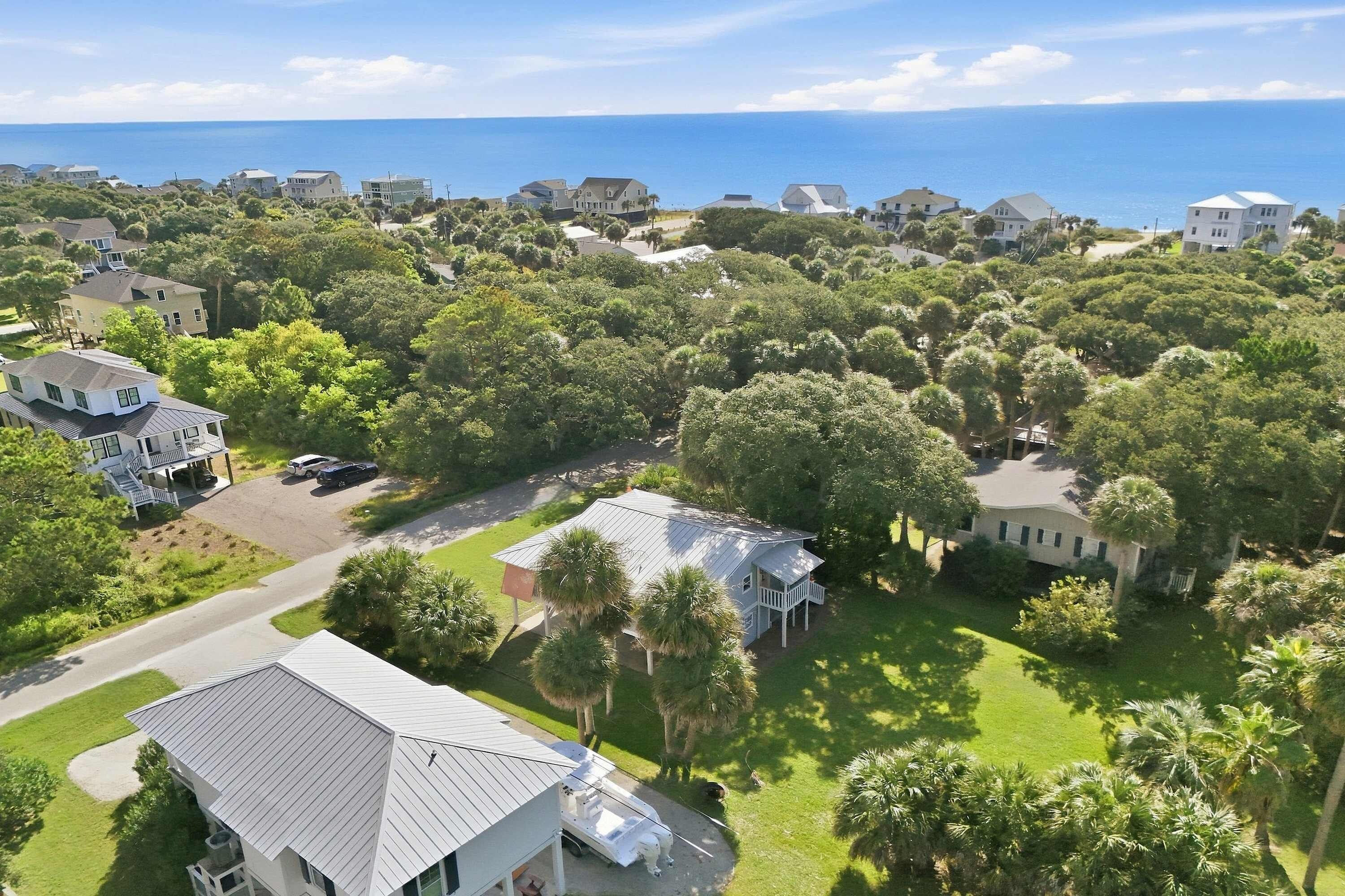 A residential area with houses surrounded by lush greenery and a view of the ocean.
