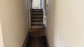 Un pasillo con una alfombra que lleva a una escalera.