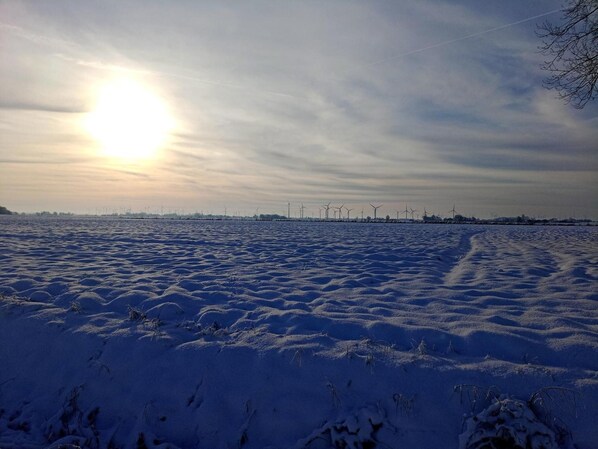 Un paysage enneigé, avec un ciel dégagé et des éoliennes visibles au loin.