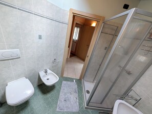 A bathroom with a toilet, bidet, and shower.