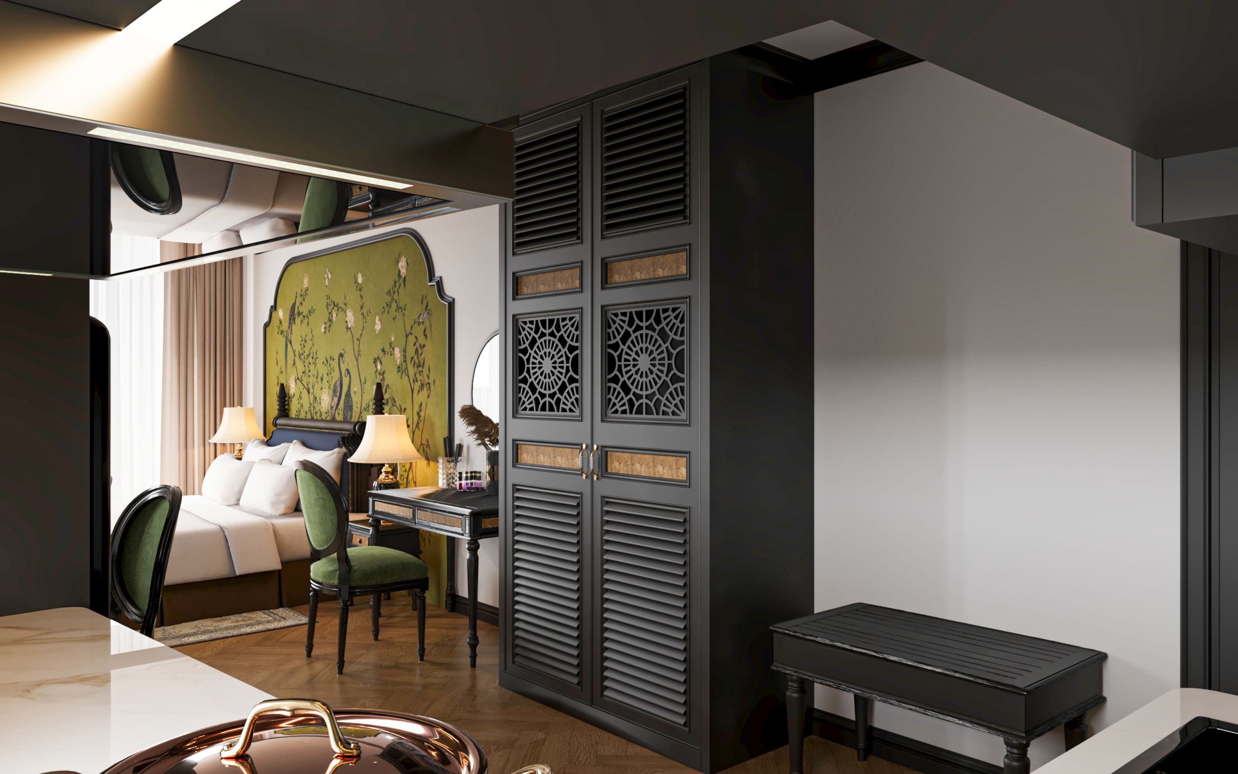 A modern hotel room with a bed, desk, chair, and decorative wall paneling.