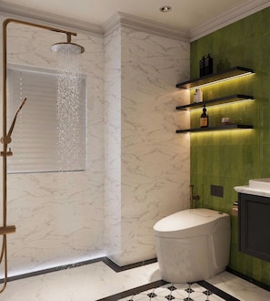 A bathroom with a shower, toilet, and shelves with toiletries. - Mayan Hanoi Residence (Hai Ba Trung)