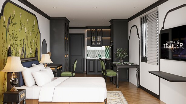 Una habitación de hotel moderna con una cama grande, un escritorio y una televisión.