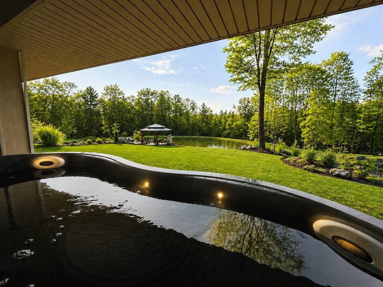 Un bain à remous à bords incurvés, entouré d’une pelouse bien entretenue et d’arbres.