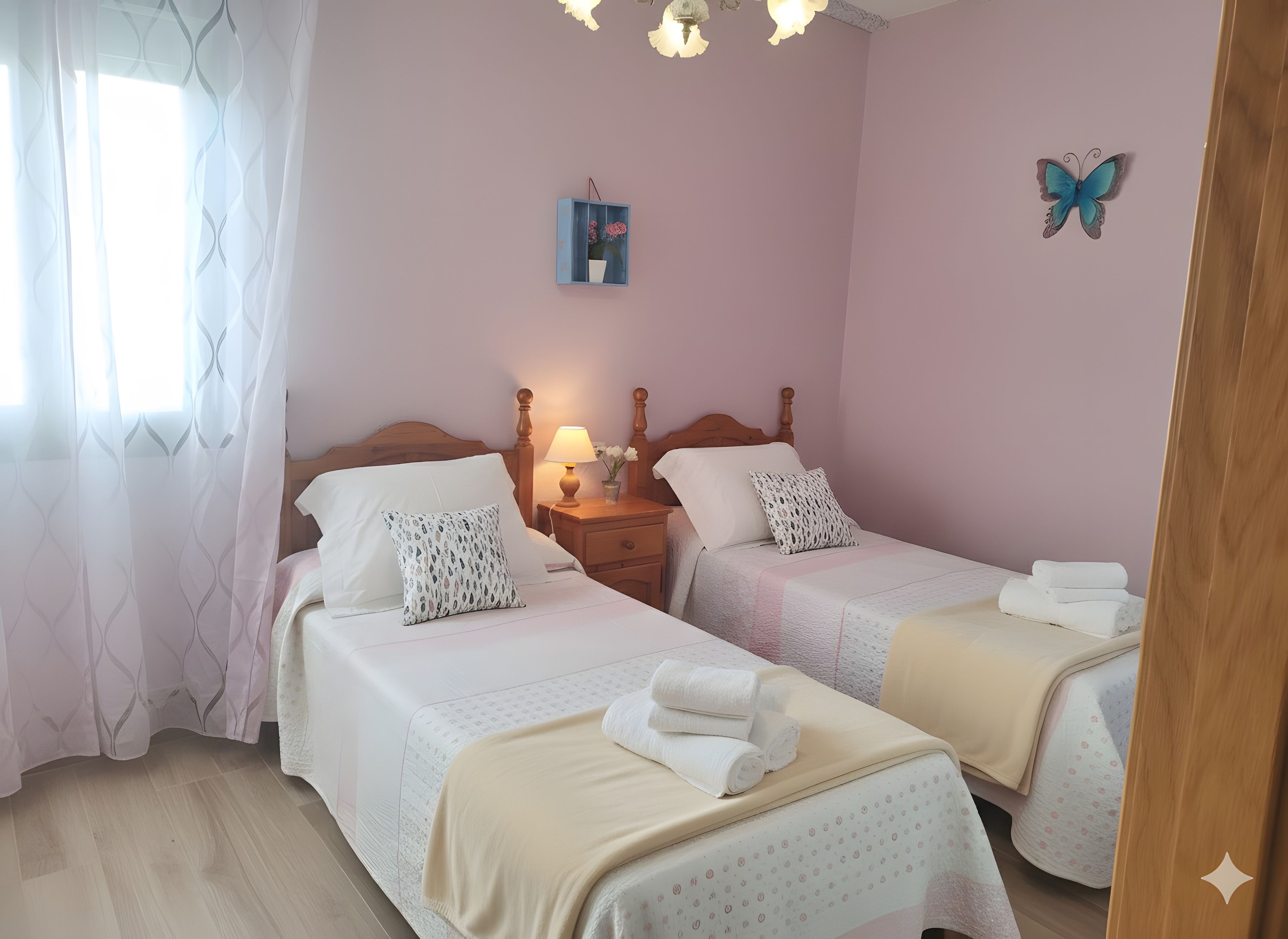 A bedroom with two beds, a nightstand with a lamp, a wall decoration, and a window with sheer curtains.