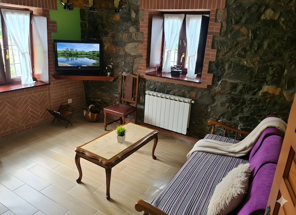 Una sala de estar acogedora con pared de piedra, televisor sobre la chimenea, un sofá, una mesa de centro con una planta y una ventana con cortinas.