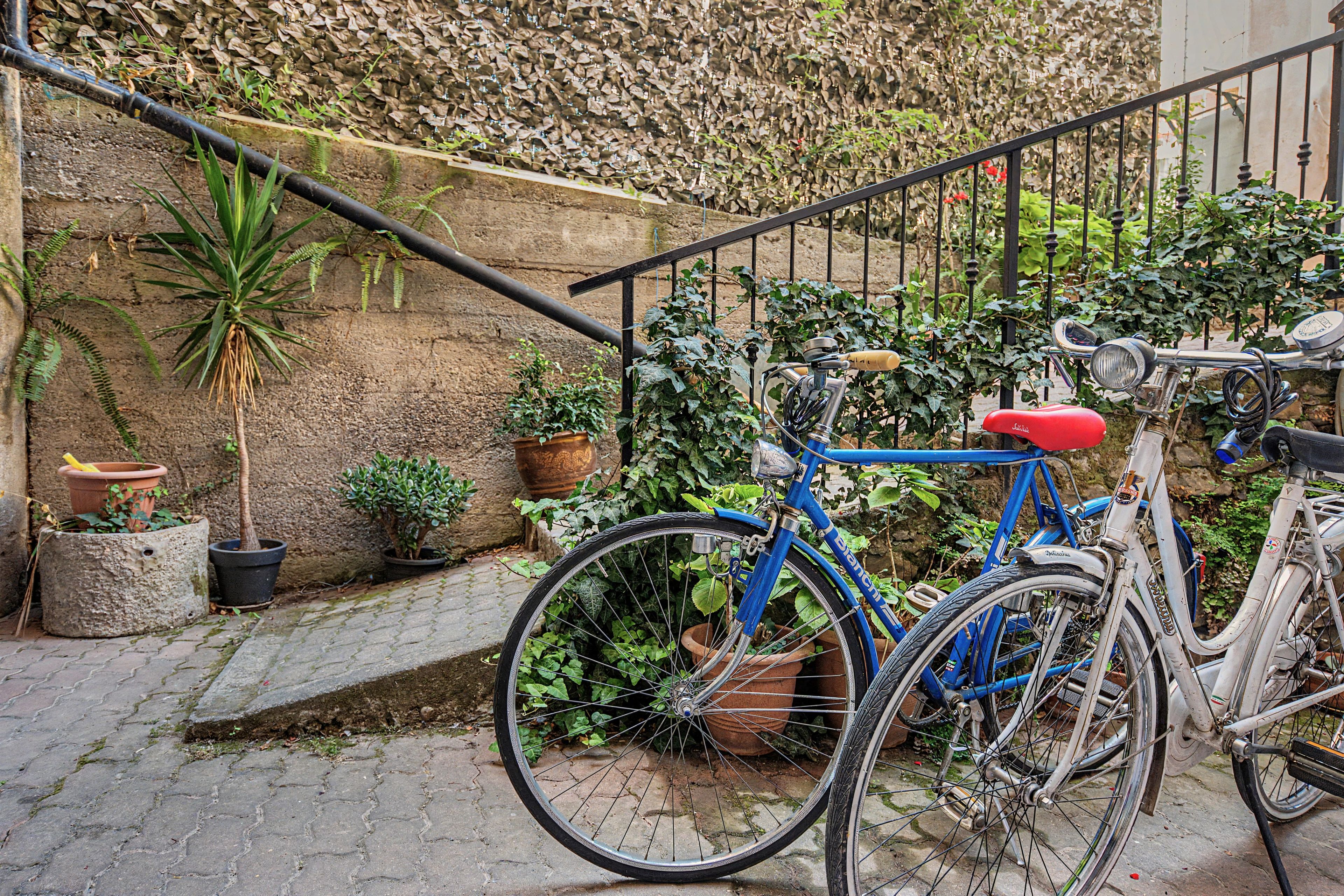 Een blauw fietsje geparkeerd op een geplaveid pad, met een metalen hekwerk en plantenbakken.