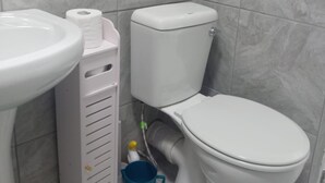 A bathroom with a toilet, sink, and a blue bucket. - Room-tranquil Forest Studio Retreat in W (Westville)