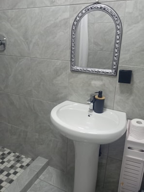 Un bany amb un rentapeus de pedestal blanc, un mirall amb marc decoratiu i un dispensador de paper higiènic.
