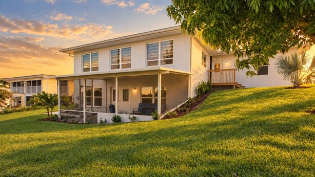 A two-story house with a covered porch, a small garden, and a tree. - Jensen Beach 3BR/3BA Family Retreat + Game Room (Jensen Beach)