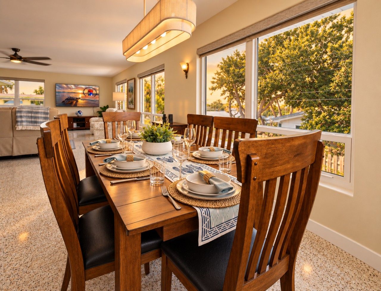 Comedor con mesa de madera dispuesta para cuatro personas, rodeada de sillas, y vista a árboles a través de amplias ventanas.