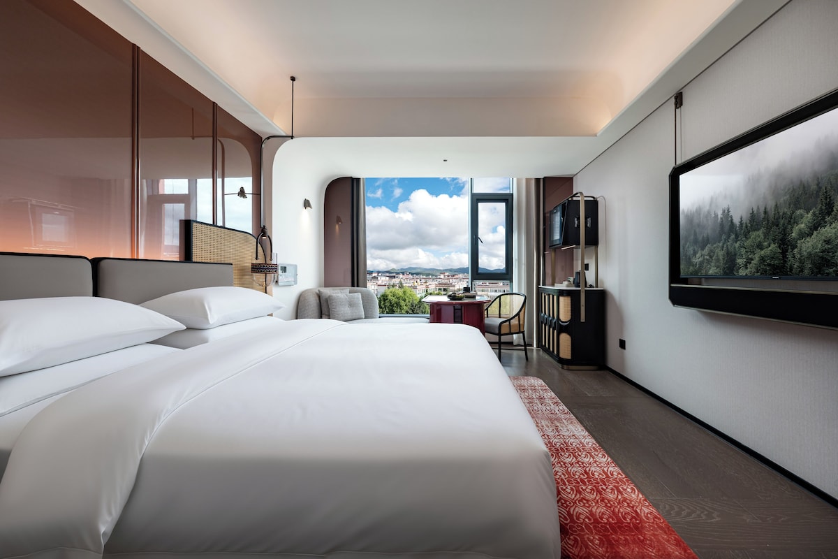 A hotel room with a large bed, a desk, a chair, a TV, and a view of the city.